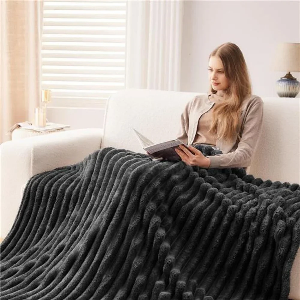 Super Soft Throw Blanket Grey Premium Silky Flannel Fleece Ribbed 50
